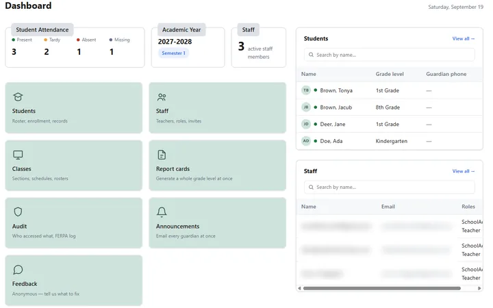 Admin dashboard showing attendance counts, academic year, staff totals, and searchable student and staff lists