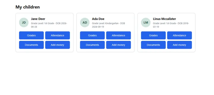 Parent portal showing each of a family’s children with links to grades, attendance, documents, and payments