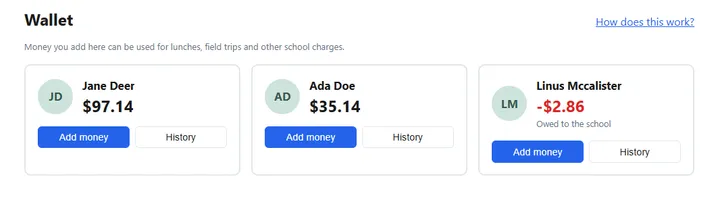 Family wallet showing prepaid balances per child for lunches and school charges