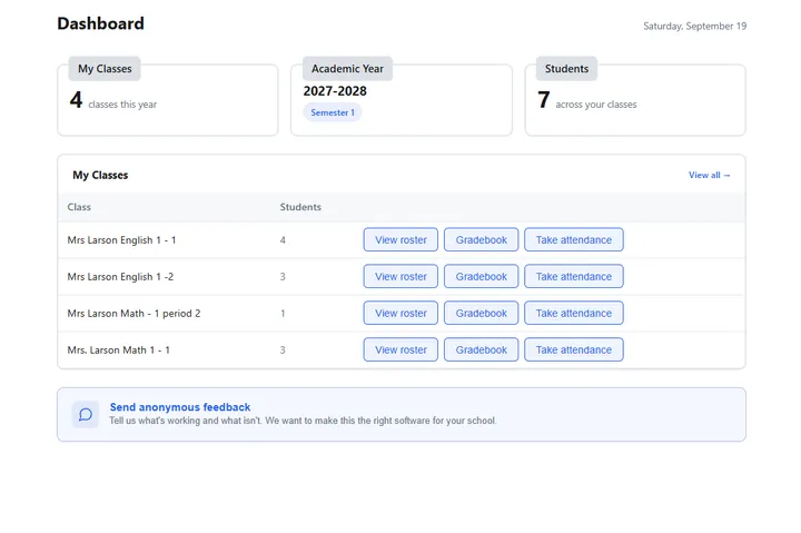 Teacher dashboard listing their classes with links to rosters, gradebooks, and attendance